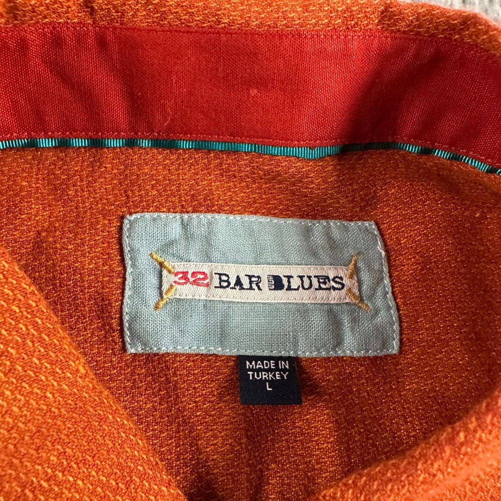 32 Bar Blues Shirt Mens L Orange Short Sleeve Button Up Linen‎ Cotton Pocket - Picture 3 of 10